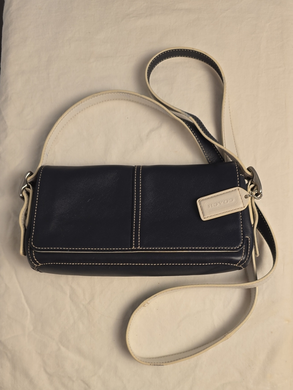 Vintage Coach Legacy 4280 Navy White Leather Mini Flap Crossbody Bag Y2K